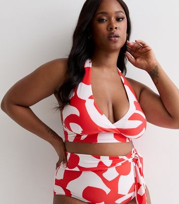Curves Red Abstract Print Halter Bikini Top New Look