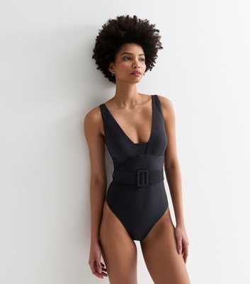Tall Black Textured Plunge Belted Swimsuit