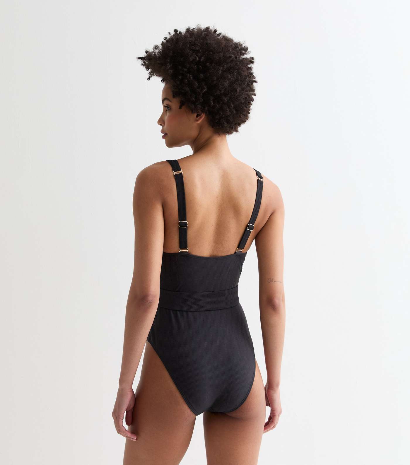 Tall Black Textured Plunge Belted Swimsuit Image 4