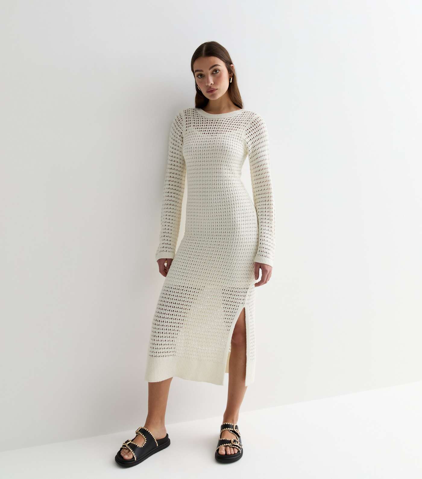 Cream Pointelle Stitch Knit Split Hem Maxi Dress