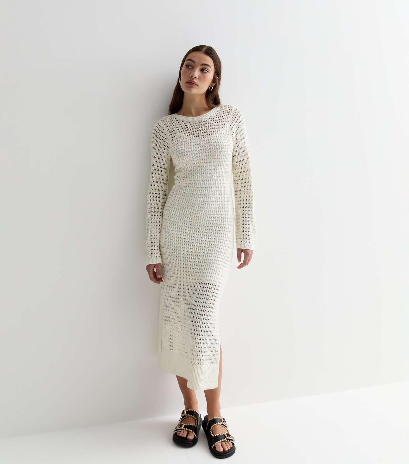 Cream Pointelle Stitch Knit Split Hem Maxi Dress Image 3
