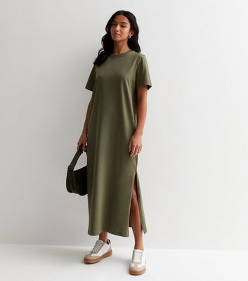 Petite Khaki Cotton T Shirt Midi Dress New Look