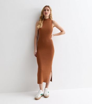 Tan Ribbed Knit High Neck Split Hem Midi Dress | New Look