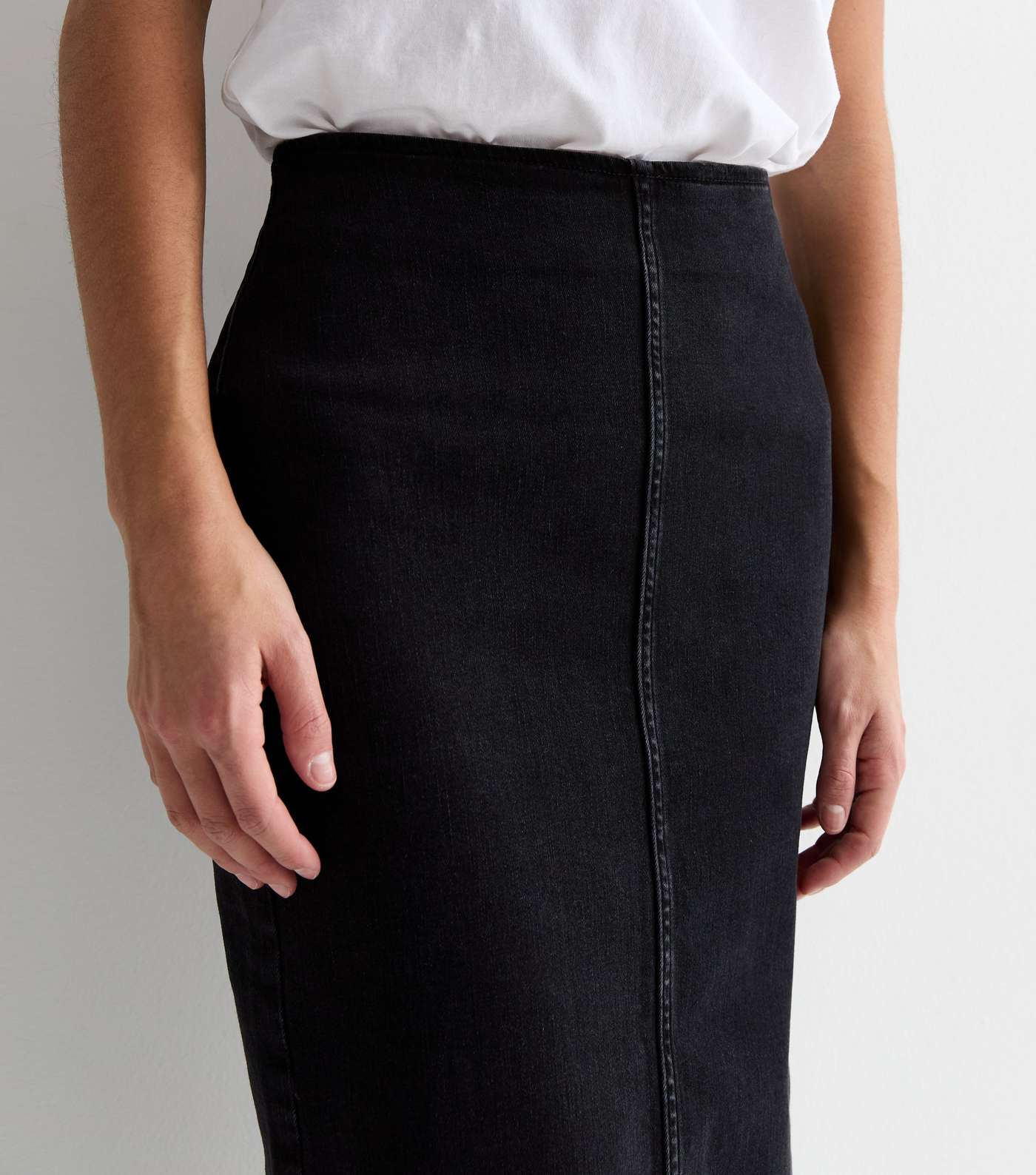 Black Denim Midi Tube Skirt Image 3