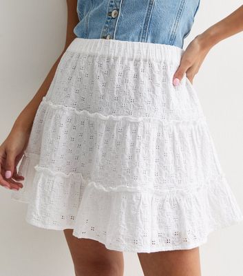 Petite White Embroidered Tiered Mini Skirt New Look