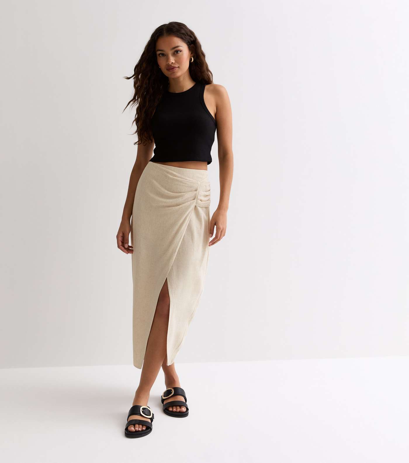 Petite Stone Linen-Look Wrap Midi Skirt Image 3