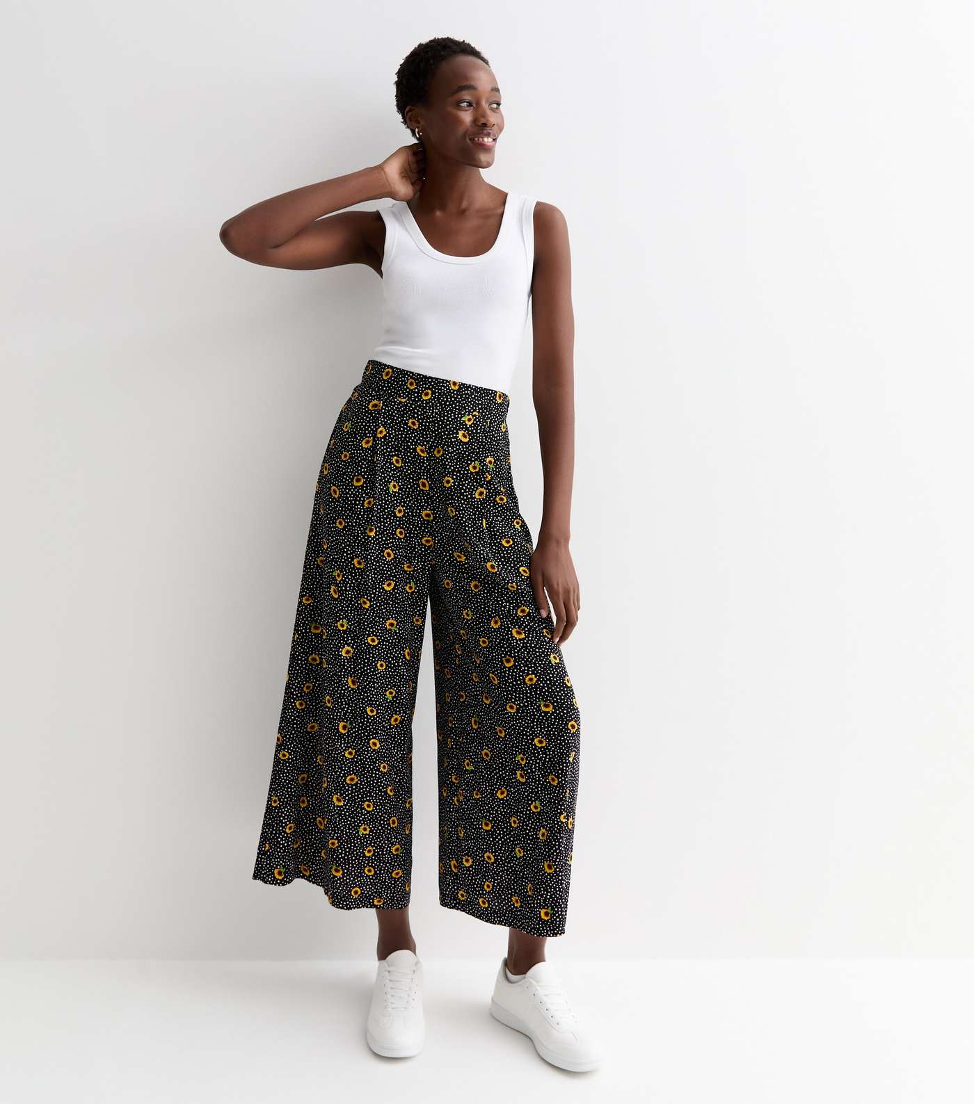 Tall Black Sunflower Spot Print Wide Leg Crop Trousers Image 2
