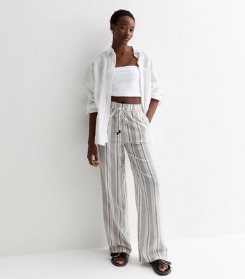 Tall Off White Stripe Drawstring Wide Leg Trousers New Look