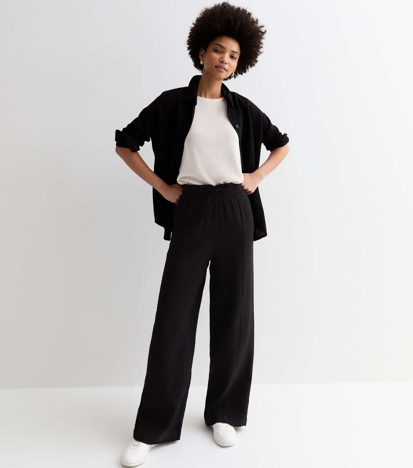Tall Black Crinkle Textured Wide Leg Trousers