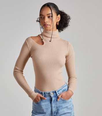 Pink Vanilla Stone Ribbed Knit Roll Neck Cut Out Jumper
