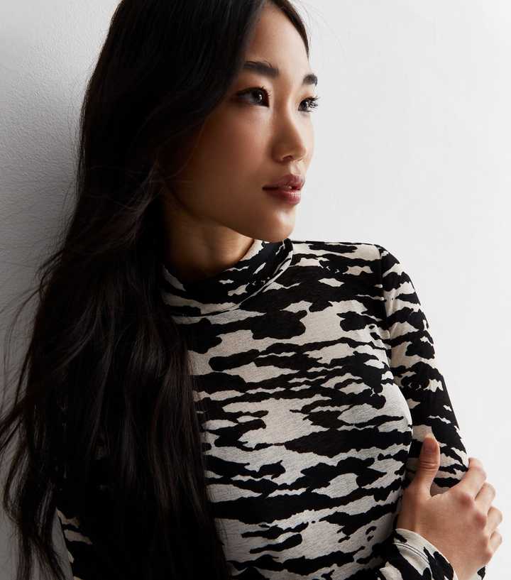 Black Abstract Print Jersey High Neck Long Sleeve Top