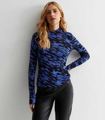 Blue Abstract Print High Neck Long Sleeve Top