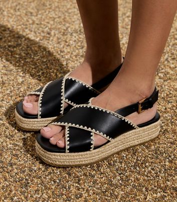 Black Whipstitch Espadrille Flatform Sandals New Look