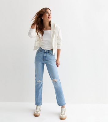 Girls Blue High Waist Ripped Knee Mom Jeans | New Look