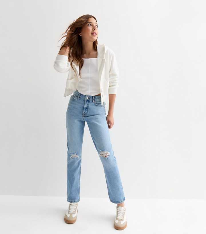 Girls Blue High Waist Ripped Knee Mom Jeans