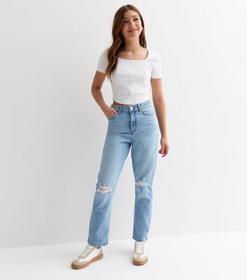 Girls Blue High Waist Ripped Knee Mom Jeans New Look