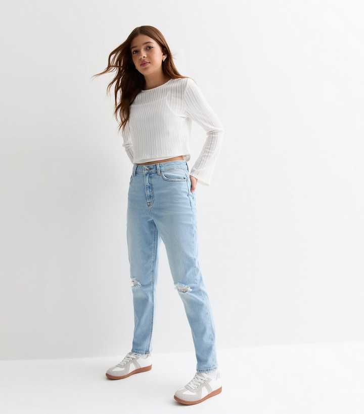 Basic High Waisted Slashed Knee Mom Jeans