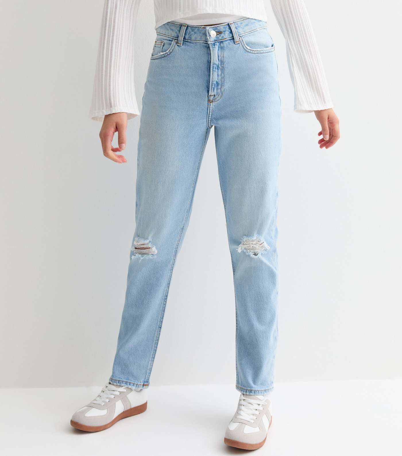 Girls Pale Blue High Waist Ripped Knee Mom Jeans Image 3