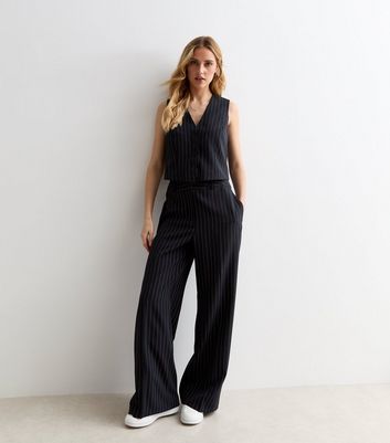 Black pinstripe shop wide leg trousers