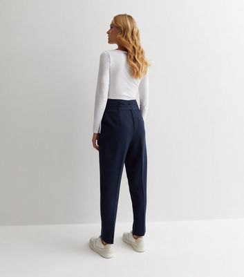 Navy High Waist Paperbag Trousers New Look