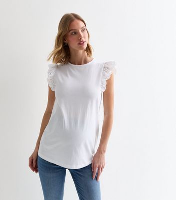 Maternity White Broderie Frill Sleeve Top New Look