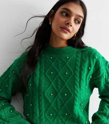 Sunshine Soul Green Cable Knit Faux Pearl Jumper