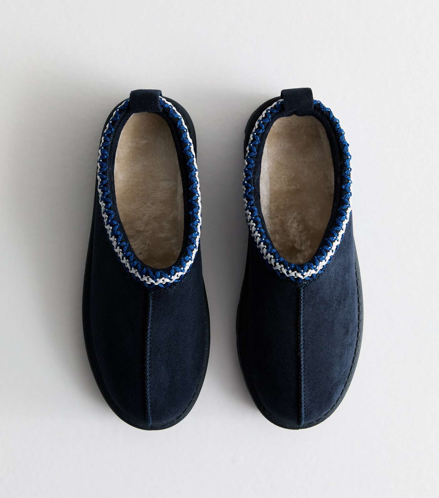Truffle Navy Suedette Embroidered Trim Slippers
