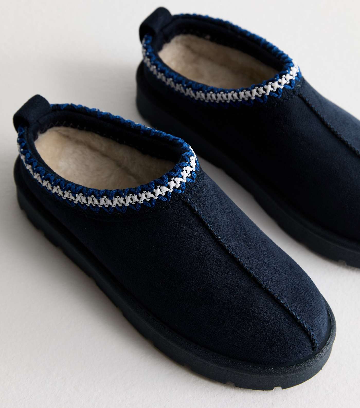 Truffle Navy Suedette Embroidered Trim Slipper Image 2