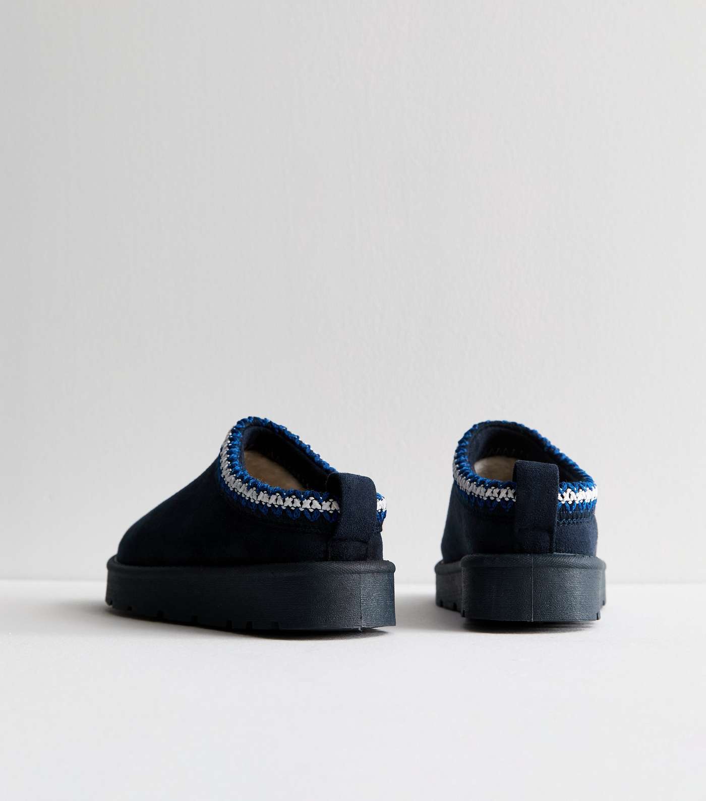 Truffle Navy Suedette Embroidered Trim Slippers Image 3