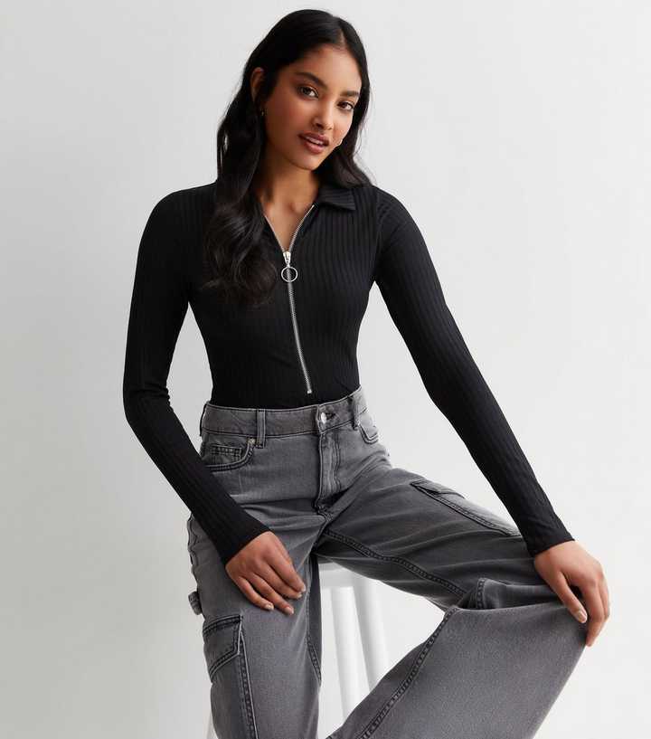 black long sleeve zipper bodysuit