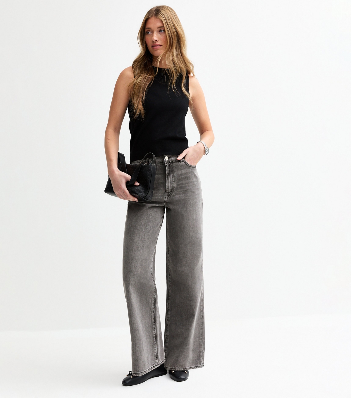 Women's Washed Grey Adalae High-Waist Wide Leg Jeans New Look