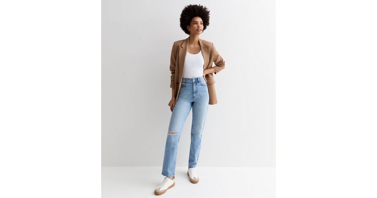Tall Pale Blue Ripped Knee High Waist Tori Mom Jeans New Look - Main Image