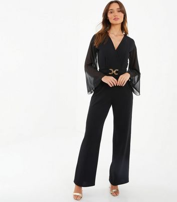 QUIZ Black Flared Sleeve Wrap Front Belted Wide Leg Jumpsuit New Look