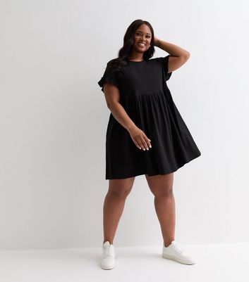 Curves Black Short Frill Sleeve Mini Smock Dress New Look