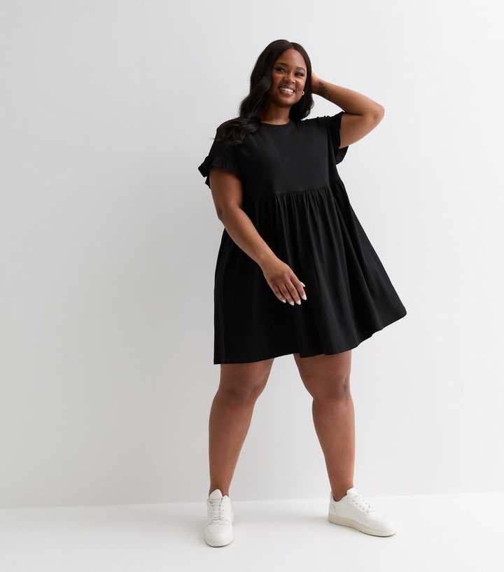 Curves Black Short Frill Sleeve Mini Smock Dress