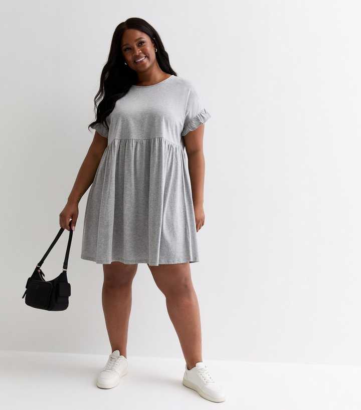 Curves Pale Grey Short Frill Sleeve Mini Smock Dress