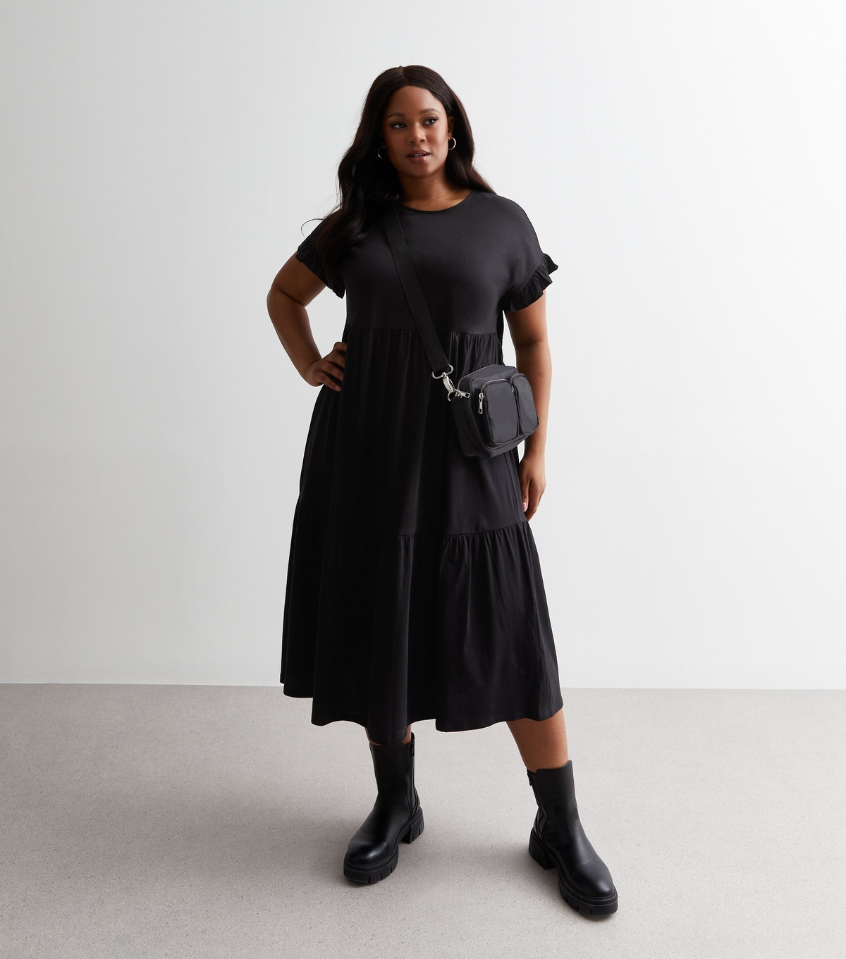 Women's Plus Size Black Cotton Tiered Midi Dress Curves New Look