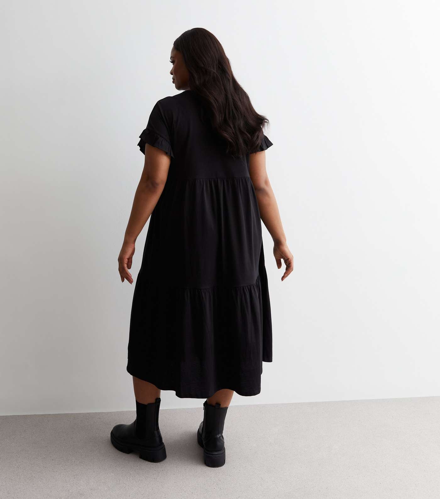 Curves Black Cotton Tiered Midaxi Dress Image 4