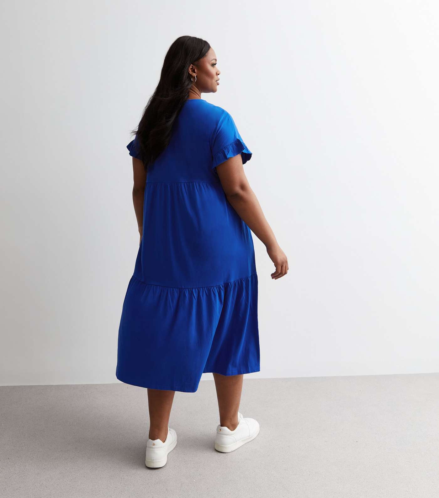 Curves Blue Cotton Tiered Midaxi Dress Image 4