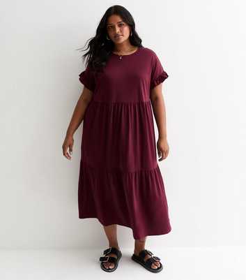 Curves Burgundy Cotton Tiered Midi Dress