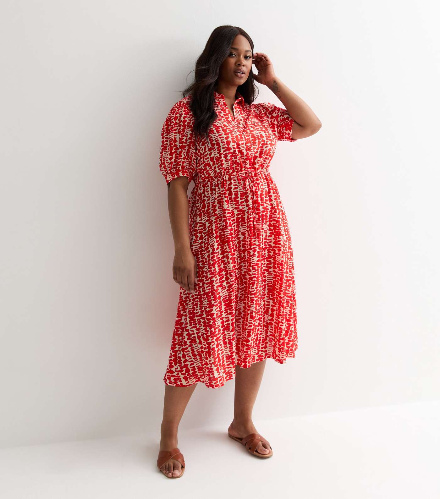 Curves Red Abstract Pattern Shirt Midi Dress Image 3