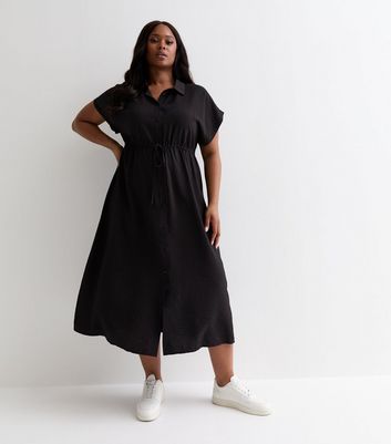 Curves Black Short Sleeve Drawstring Midi Shirt Dress New Look