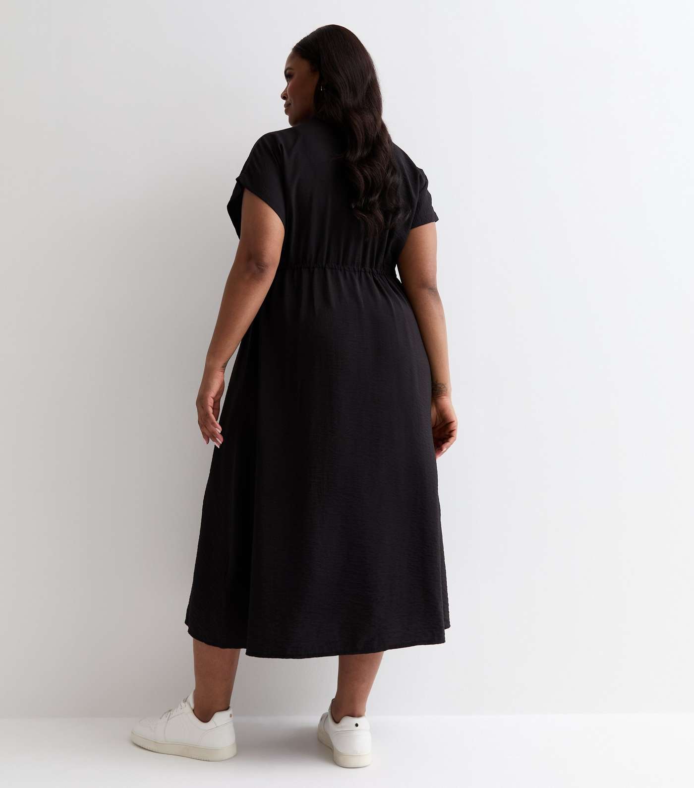 Curves Black Short Sleeve Drawstring Midi Shirt Dress Image 4