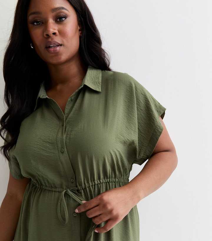 Dress Outfit Ladies Black Dress Tops Curves Khaki Short Sleeve Drawstring  Midi Shirt Dress New Look
