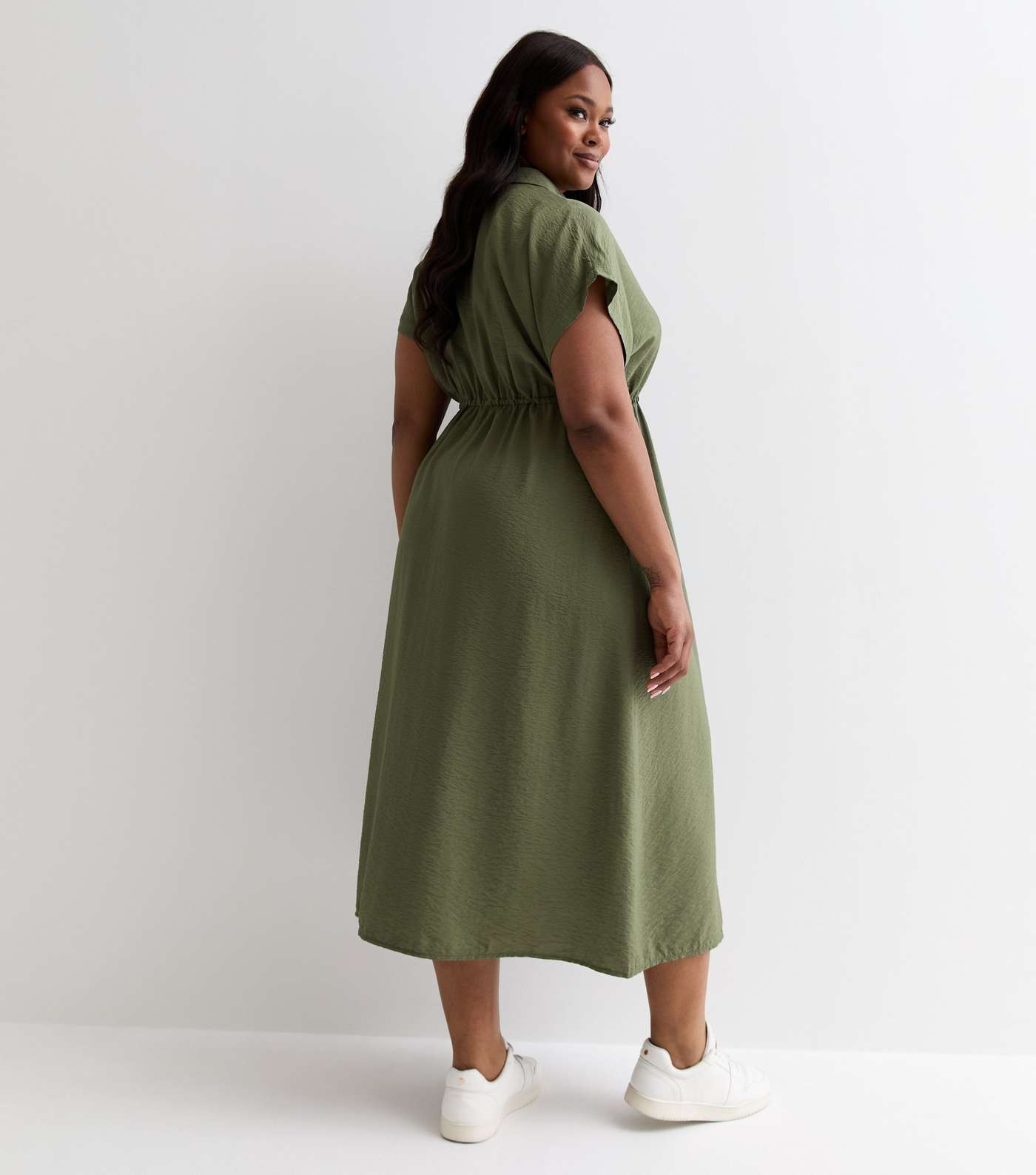Curves Khaki Short Sleeve Drawstring Midi Shirt Dress Image 4