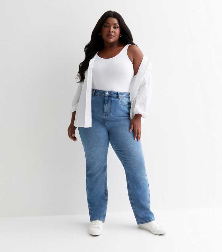 Curves Blue High Waist Straight Leg Jeans