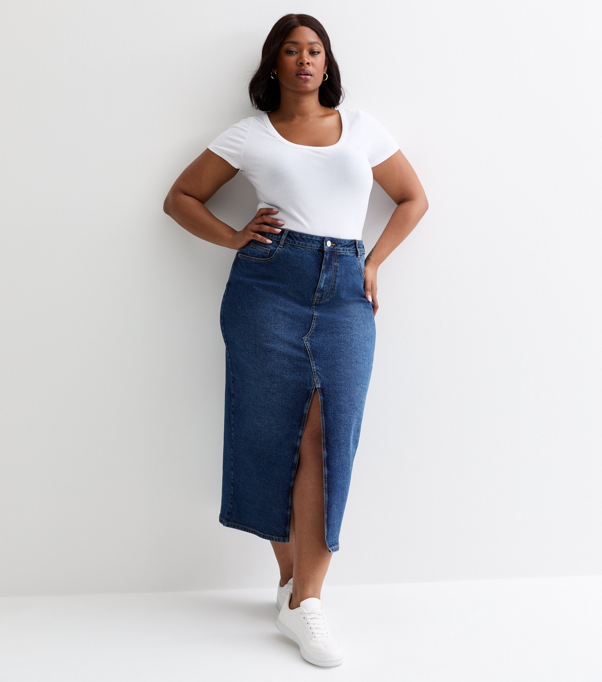 Women's Plus Size Blue Denim Midi Skirt Curves New Look