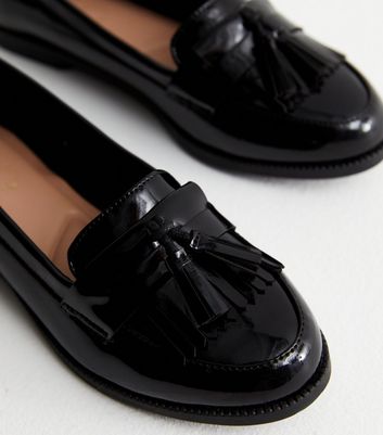 Black Patent Tassel Trim Loafers New Look
