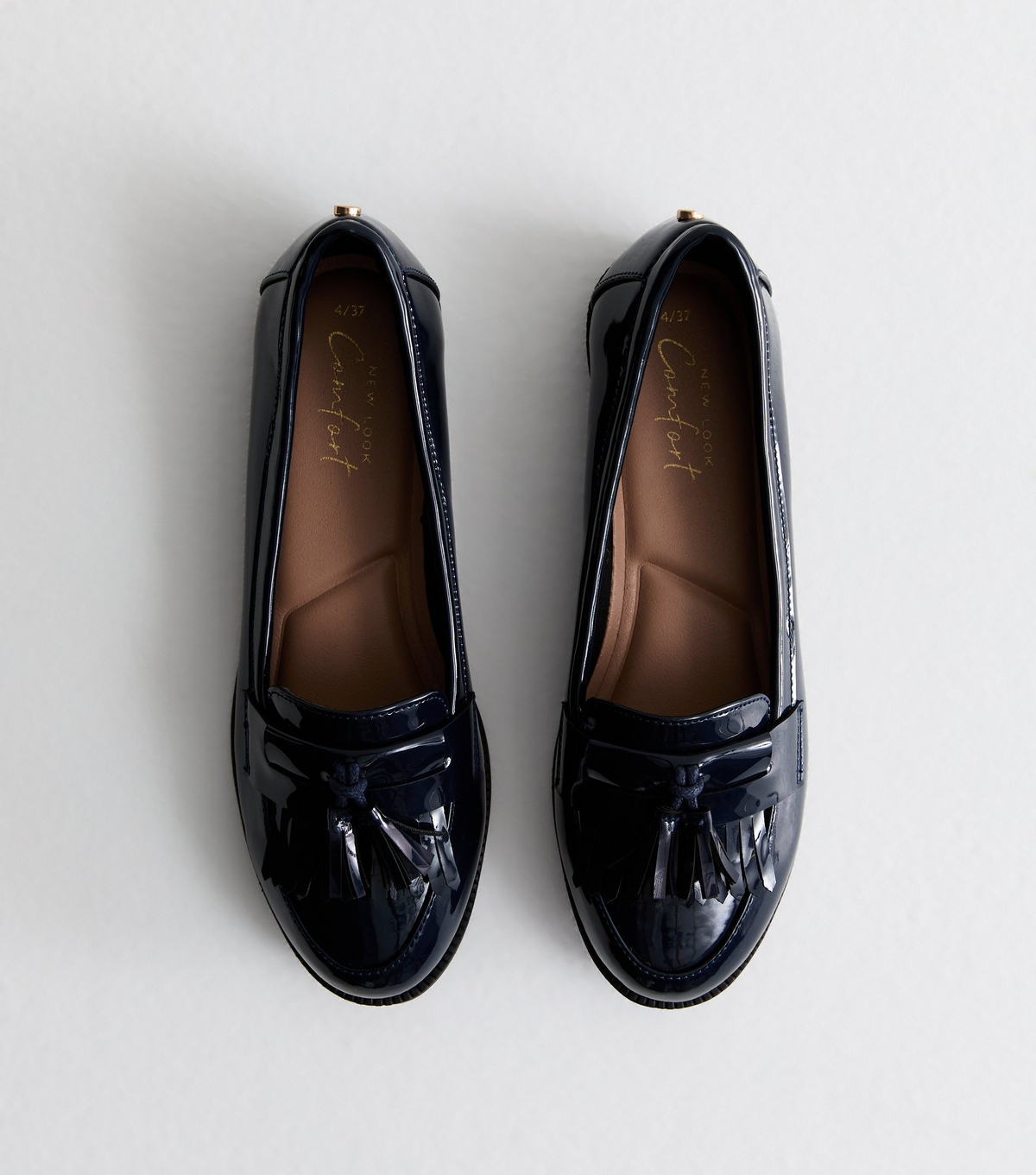 Women's Navy Patent Tassel Trim Loafers School New Look