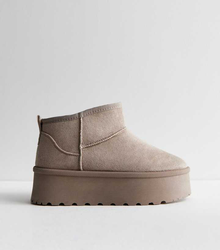 Truffle Grey Suedette Faux Fur Lined Flatform Slipper Boots